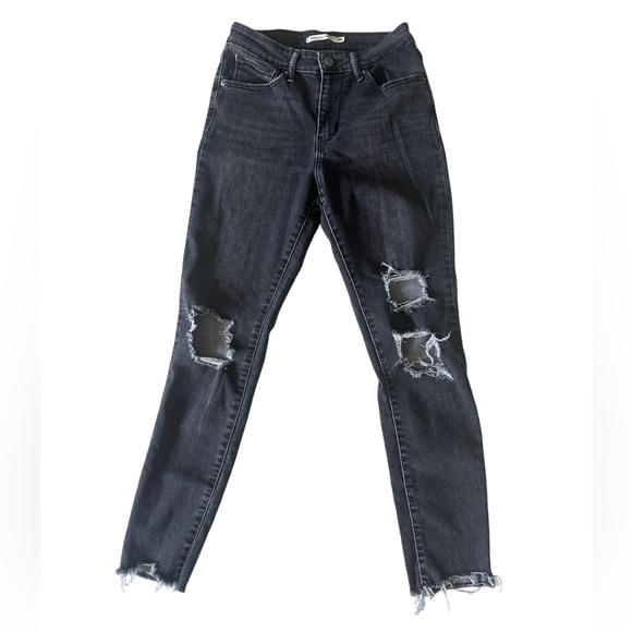 Levi's Denim - Levi’s 721 High Rise Skinny Jeans Sz 28 Black Distressed Raw Hem Grunge Y2K